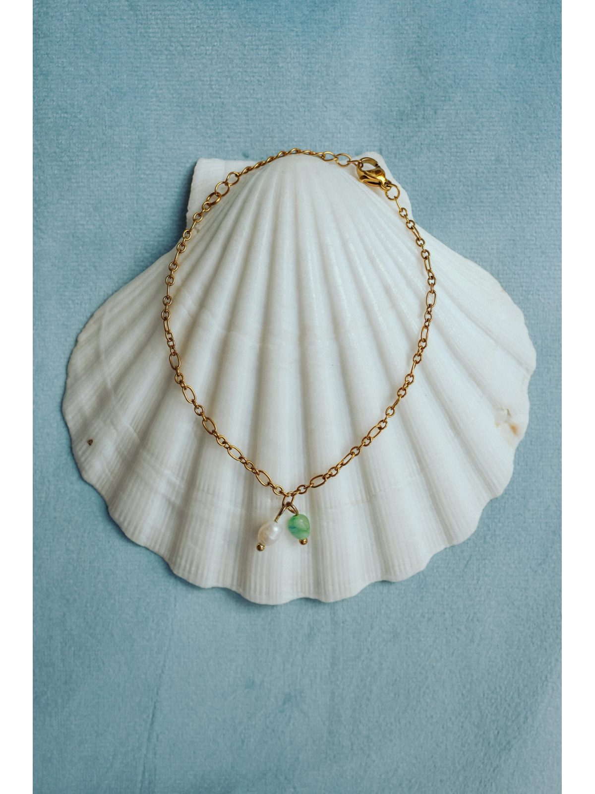 Stainless steel chain bracelet with amazonite and a freshwater cultured pearl, handmade