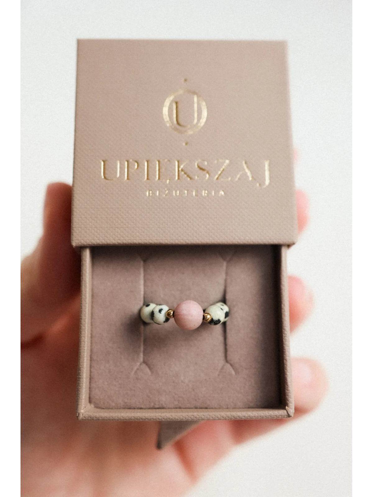 Pierścionek Rose Matcha - Jaspis dalmatyński i rodonit | Upiększaj
