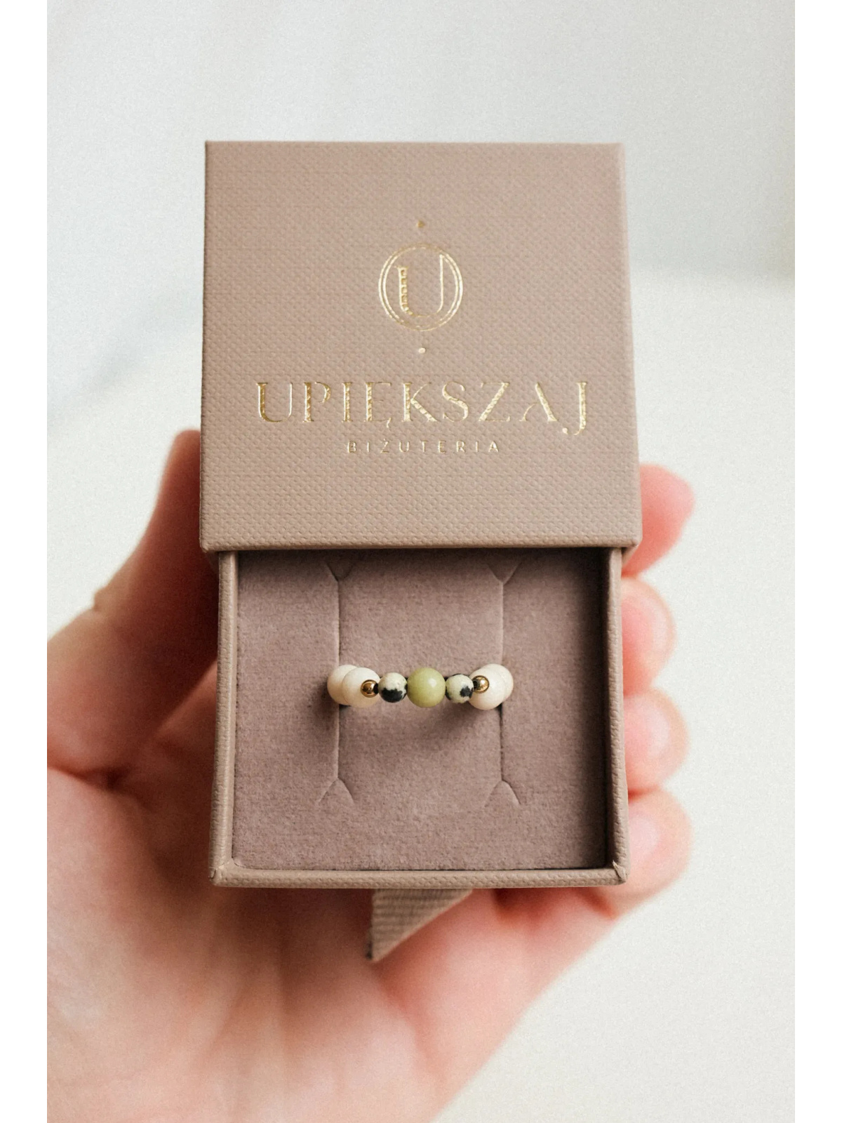 Pierścionek Vanilla Matcha - Zielony Jaspis, jaspis dalmatyński, kamienie rzeczne| Upiększaj