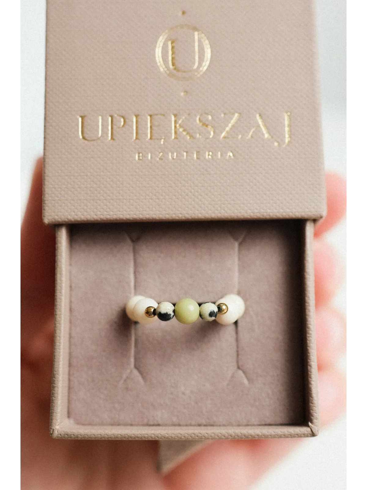 Pierścionek Vanilla Matcha - Zielony Jaspis, jaspis dalmatyński, kamienie rzeczne| Upiększaj