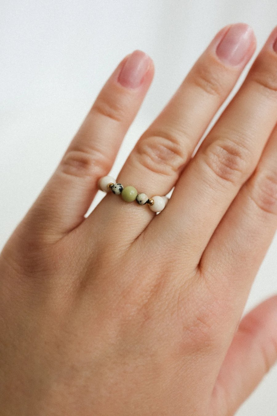 Vanilla Matcha Ring: Green & Dalmatian Jasper, River Stones| Upiększaj