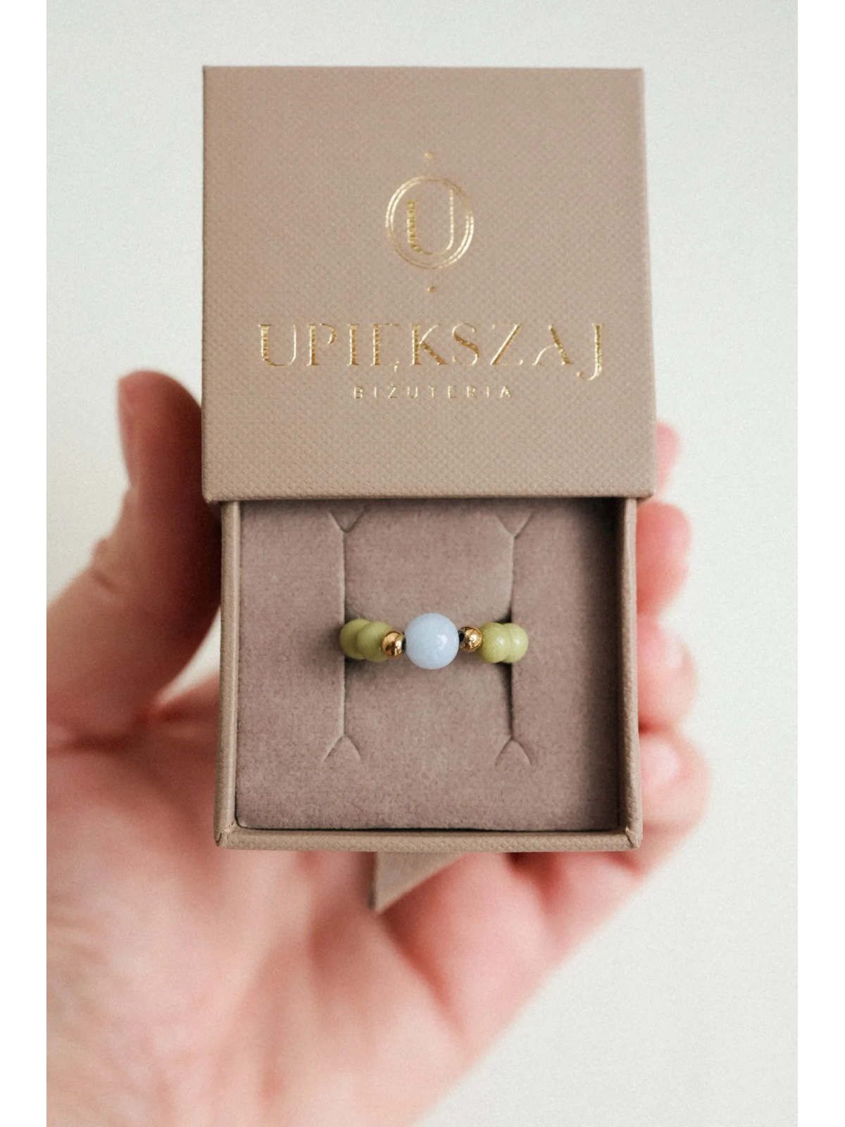 Pierścionek Iced Matcha - Zielony Jaspis i Błękitny Angelit | Upiększaj