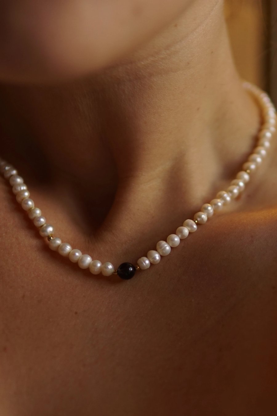 Cultured freshwater pearl necklace with smoky quartz and gold hematite on steel wire, handmade