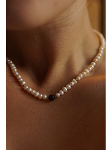 Cultured freshwater pearl necklace with smoky quartz and gold hematite on steel wire, handmade