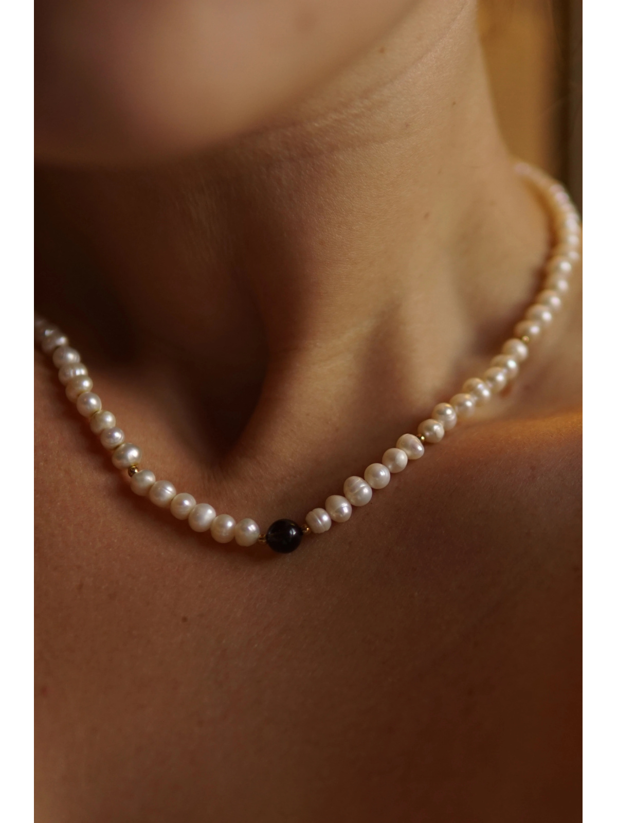 Cultured freshwater pearl necklace with smoky quartz and gold hematite on steel wire, handmade