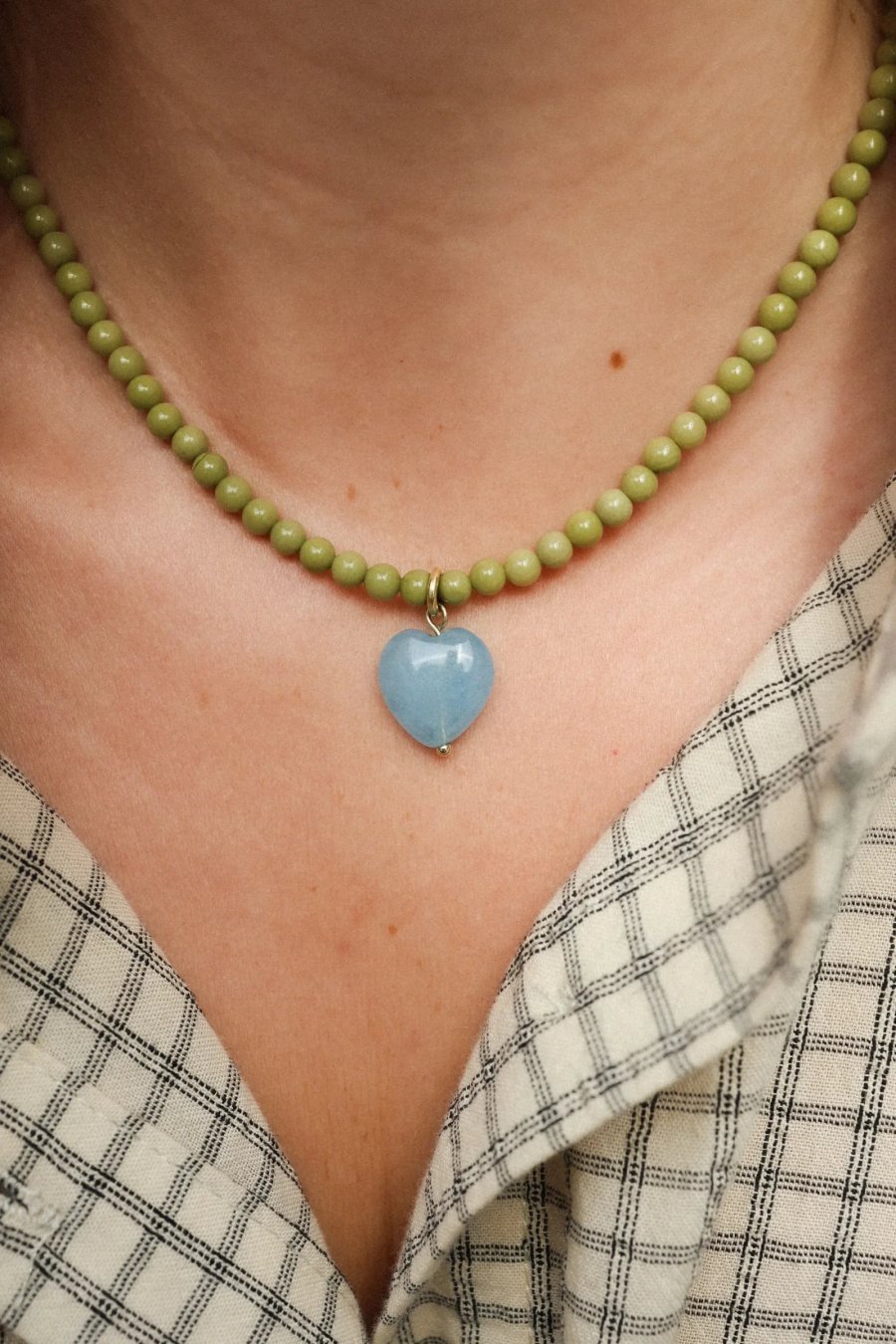Iced Matcha Green Jasper Necklace with Heart | Upiększaj